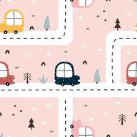 patrón sin costuras el coche estaba en la carretera y había árboles pequeños en el camino. diseño dibujado a mano en estilo de dibujos animados sobre fondo rosa utilizado para tela, textil de moda, ilustración vectorial vector