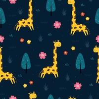 Giraffe and tree Seamless pattern with natural background and cute cartoon animals Hand drawn in the style of a child Designed for printing, wallpaper, gift wrap, textiles Vector illustration