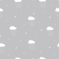 patrón sin costuras el fondo del cielo con nubes blancas y gotas de lluvia diseño dibujado a mano en estilo infantil utilizado para tela, moda, textil, ilustración vectorial vector