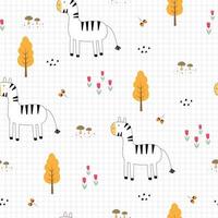 Zebra and tree seamless pattern Cartoon hand drawn animal background in child style with a square grid as wallpaper Design used for publication, fabric, textile, vector illustration