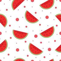 Seamless vector pattern Bright red watermelon on polka dot background Hand drawn in cartoon style Fruit pattern for textile fabric, wallpaper