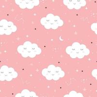 Seamless pattern of The pink sky and white cloud that is cute and the star and the crescent moon Modern design flat style Used for publication, gift wrap, textile, vector illustration
