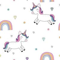 Caballo unicornio de patrones repetidos sin fisuras flotando sobre un fondo blanco con un arco iris y una estrella. diseño lindo estilo de dibujos animados de cuento de hadas. utilizado para publicación, moda, textil, ilustración vectorial. vector