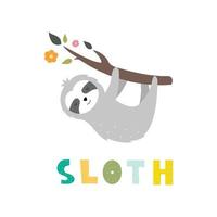 Cute cartoon sloth perched on a branch Use for web, print, design Vector illustration