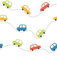 Seamless pattern The background of the colorful old car running on a curve. Cute design hand-drawn in cartoon style Used for publication, gift wrap, textile, fabric, vector illustration.