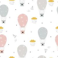 Fondo de globo de aire caliente de patrones sin fisuras flotando en el cielo con nubes e ideas de diseño de lluvia utilizadas para textiles, patrones, ropa para niños, envoltura de regalos, ilustración vectorial vector