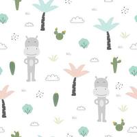 Fondo de naturaleza al aire libre de patrones sin fisuras con personajes de dibujos animados hipopótamos y árboles diseño dibujado a mano en estilo infantil utilizado para impresión, papel tapiz, textiles ilustración vectorial vector