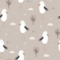 Vector pattern Seamless background with seagulls and trees Hand drawn design in cartoon style for print, fabric, textile.