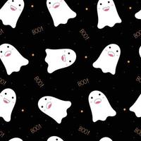 Seamless pattern Halloween Black endless background with cute ghost smiles and yellow boo text. Hand drawn design in kid style. Used for fabric, textile, vector illustration