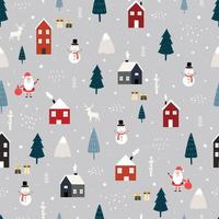 Seamless pattern Christmas background has Santa claus with house in snow and christmas tree Hand drawn design in cartoon style, use for print, celebration wallpaper, textile. Vector illustration