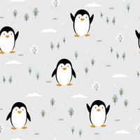 Seamless pattern Penguin standing in the snow and pine trees Use for publications, fabrics, textiles, vector illustrations.