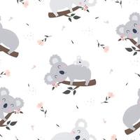 Seamless pattern koala a cartoon character perched on a branch and with a flower as a backdrop. Cute animal hand drawn background in child style. Vector illustration used for fabric, textiles