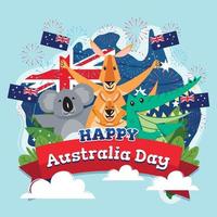 feliz día de australia con animales australianos sosteniendo banderas vector