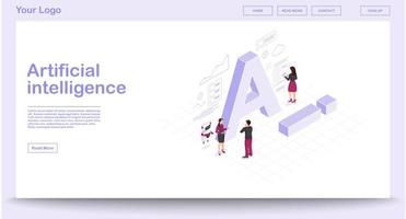 AI isometric web page vector template with isometric illustration. Artificial intelligence infographic. Website interface design. Client use chat bot. Technical support. Webpage, mobile app 3d concept