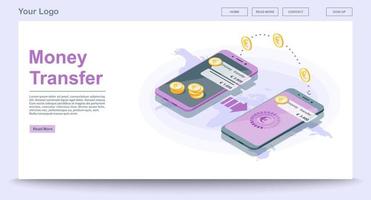 Global money transfer web page vector template with isometric illustration. Payment system. Euro digital wallet. Website interface design. Landing page layout. Web banner, webpage color 3d concept