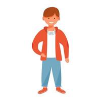 Smiling boy flat vector illustration. Positive emotion. Playful standing male child. Happy childhood. Lively cheerful caucasian full body kid isolated cartoon character on white background