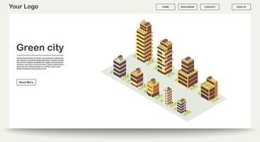 Plantilla de vector de página web de ciudad verde con ilustración isométrica. edificios inteligentes con rejillas solares en el techo. ciudad ecológica. medio ambiente sostenible. diseño de interfaz de sitio web. concepto 3d de la página de destino