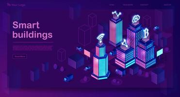 Smart buildings isometric architecture concept. Web banner with neon futuristic city. Intelligent buildings with signs. Smart city 3d infographics map. Internet of things. Isolated vector illustration