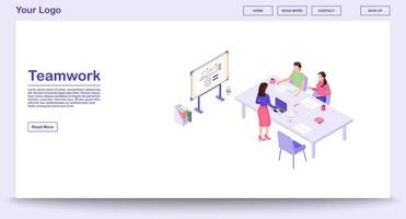 Teamwork webpage vector template with isometric illustration. Corporate meeting. Marketing research, analytics. Annual report. Coworking. Website interface design. Webpage, mobile app 3d concept