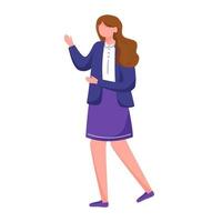 Schoolgirl flat vector illustration. Active sociable brunette long hair student. Full body gesturing teenager girl in school uniform isolated cartoon character on white background
