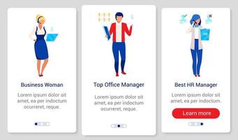 Company staff onboarding mobile app screen vector template. Walkthrough website steps with flat characters. UX, UI, GUI smartphone cartoon interface concept. Businesswoman, HR and top office managers