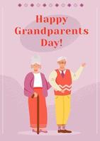 Grandparents day greeting card flat vector template. Cheerful granny and grandpa on violet background. Happy stylish seniors postcard design layout. Poster with cartoon characters and lettering