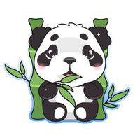 lindo panda comiendo bambú kawaii personaje de dibujos animados vector. animal adorable, feliz y divertido disfruta de la etiqueta engomada aislada de la comida, parche, ilustración de libros para niños. anime, bebé, oso panda, emoji, blanco, plano de fondo vector