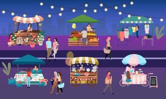 Ilustración de vector plano de feria de noche. puestos de mercadillo al aire libre, carpas comerciales de verano con vendedores y compradores. flores, alimentos y productos de agricultores, quioscos de ropa de la ciudad. la gente camina por las tiendas urbanas locales