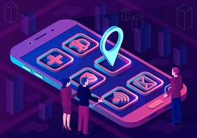 Smart city app isometric architecture concept. Web banner with application icons. Futuristic 3d city smartphone app map with pinpoint. Internet of things. Isolated vector illustration