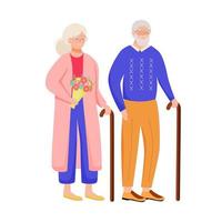 Retired people flat vector illustration. Senior age family with walking stick. Old couple spends time together. Elderly woman with flowers. Pensioners cartoon isolated characters on white background