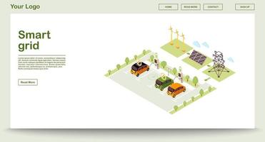 Plantilla de vector de página web de estación de carga de vehículo eléctrico con ilustración isométrica. red inteligente. producción de energía solar. energía renovable. diseño de interfaz de sitio web. página web, aplicación móvil concepto 3d