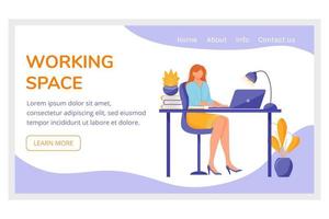 Working space landing page vector template. Workplace organization website interface idea with flat illustrations. Office room homepage layout. Worker cabinet web banner, webpage cartoon concept