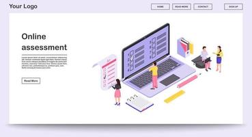 Online assessment webpage vector template with isometric illustration. Students completing online and paper exam. E-courses website interface design. Remote education webpage, mobile app 3d concept