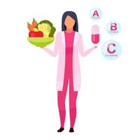 Ilustración de vector plano de vitaminas naturales versus sintéticas. Doctora sosteniendo un tazón de frutas frescas, verduras personaje de dibujos animados aislado sobre fondo blanco. dietista explicando los complementos alimenticios