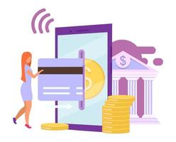 Instant payment flat vector illustration. Mobile banking app. Credit card transaction, bill payment, purchase cartoon concept. Easy to use application. Online bank account. Ebanking, ewallet metaphor