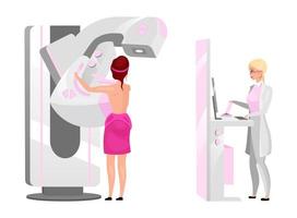 Physician making mammography screening flat vector illustration. Woman scanning breast with X ray machine concept. Breast cancer diagnosing Female patient doing radiography procedure cartoon character