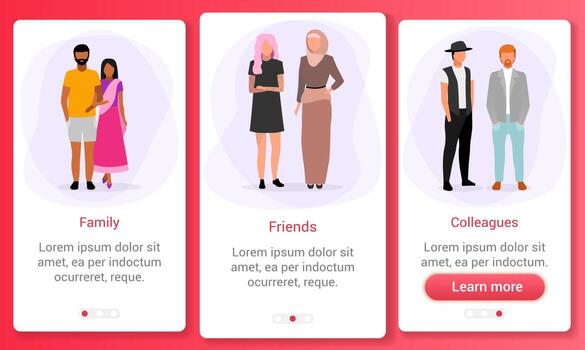 Interpersonal relationships onboarding mobile app screen template. Race and ethnic relations. Multicultural family, friends, colleagues. Website steps with flat characters. UX, UI, GUI interface vector