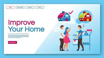 Improve your home landing page vector template. Home service and house reconstruction, apartment repair website, webpage. Couple choosing color for building painting cartoon characters