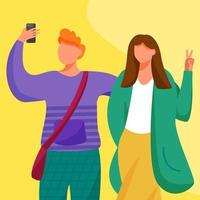 Boy and girl taking self photo flat vector illustration. Capturing great moments of life. Young boyfriend and girlfriend making smartphone selfie isolated cartoon character on yellow background