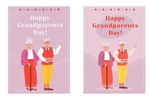 Happy grandparents day greeting card flat vector templates set. Smiling gray haired grandfather and grandmother. Older persons day postcard design layout. Poster with cartoon characters and lettering