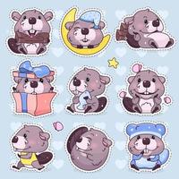 Conjunto de caracteres de vector de dibujos animados lindo castor kawaii. adorable, feliz y divertido animal mascota pegatinas aisladas, paquete de parches, insignias para niños. animado bebé niño castor emoji, emoticon sobre fondo azul