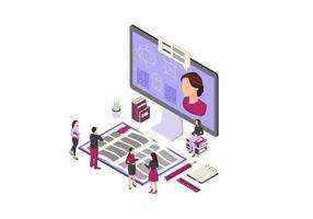 Online education isometric color vector illustration. Distance class. E courses infographic. Video tutorial, e class. Interactive studying, teaching. E learning 3d concept. Isolated design element