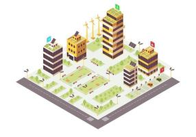 Ilustración de vector de color isométrico de ciudad ecológica. Edificios ecológicos con rejillas solares, infografía de árboles. concepto 3d de ciudad inteligente. medio ambiente sostenible. mapa de la ciudad moderna. elemento de diseño aislado