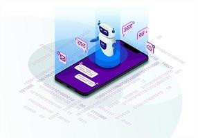 Chatbot isometric vector illustration. Chat bot receiving client messages. Future marketing. AI and business. Website assistance. Customer service infographic. IOT 3d concept. Mobile app design