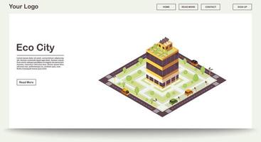 Eco city webpage vector template with isometric illustration. Smart building with solar grids, plants. Green house. Sustainable environment. Website interface design. Landing page 3d concept