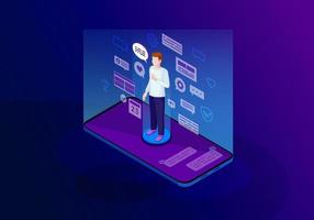 Social media isometric color vector illustration. Person using smartphone. Online communication. SMM. Blogging. Messenger. Future marketing. User technical support. Webpage, mobile app 3d concept