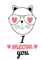 Cute Hand Drawn Cat Vector Illustration. I Love You Concept