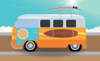 Cartoon van with surfboards standing in the road by the sea. Vector Illustration.