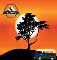 Cartoon Minibus in Nature a Tree Silhouette. Vector Illustration