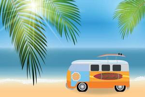 Cartoon van with surfboards standing in the road by the sea. Vector Illustration.